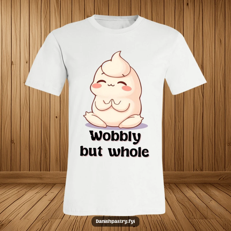 Funny graphic t-shirt of a wobbly panna cotta attempting a silly yoga pose with great concentration, highlighting effort and humor.