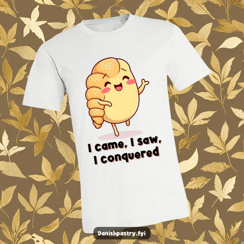 Funny Croissant Jig T-Shirt showcasing a happy, dancing croissant covered in powdered sugar, ideal for a funny gift.