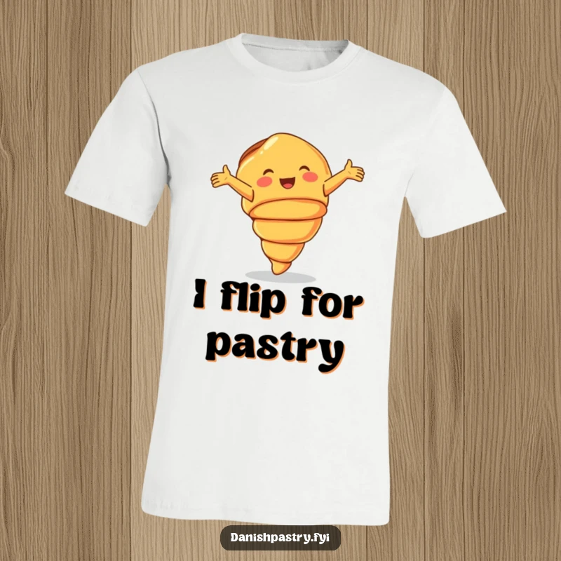 Funny T-Shirt displaying a smiling croissant doing a joyful cartwheel, perfect for comfortable, humorous everyday wear.