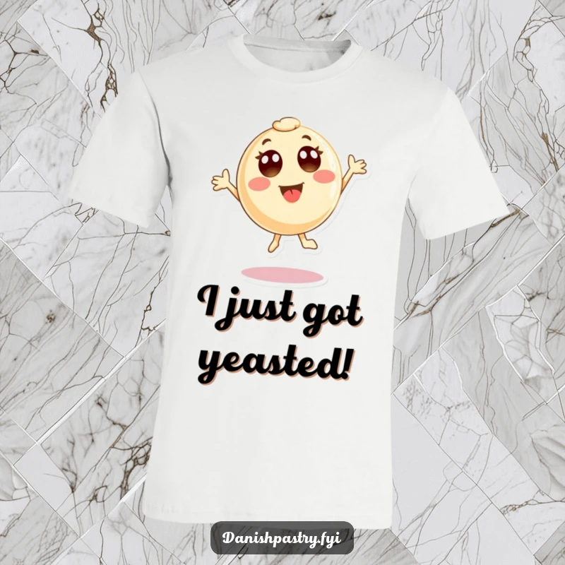 Funny T-Shirt showcasing a round pastry character with wide eyes, depicted in a spirited, joyous jump. A playful graphic for a cheerful vibe.