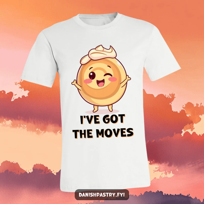 Funny cinnamon roll t-shirt, a smiling pastry character doing a lively dance with dynamic icing swirls. Sweet and joyful attire.