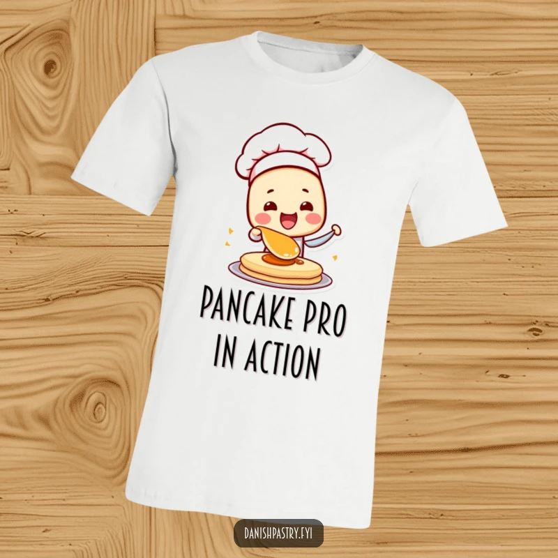 Funny Danish Pastry Chef T-Shirt featuring a character with a chef hat flipping a pancake, showcasing breakfast excitement.