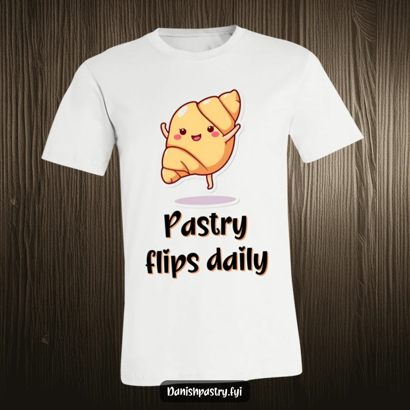 Funny croissant in mid-cartwheel, full of energy and joy, printed on a comfortable t-shirt for maximum amusement.