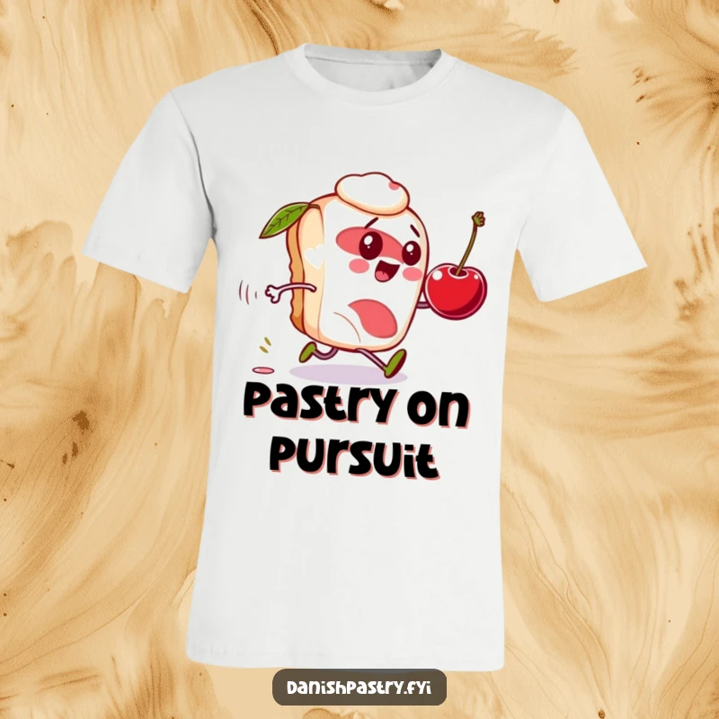 Funny Danish pastry t-shirt, character comically chasing a rolling cherry, a playful and humorous design.