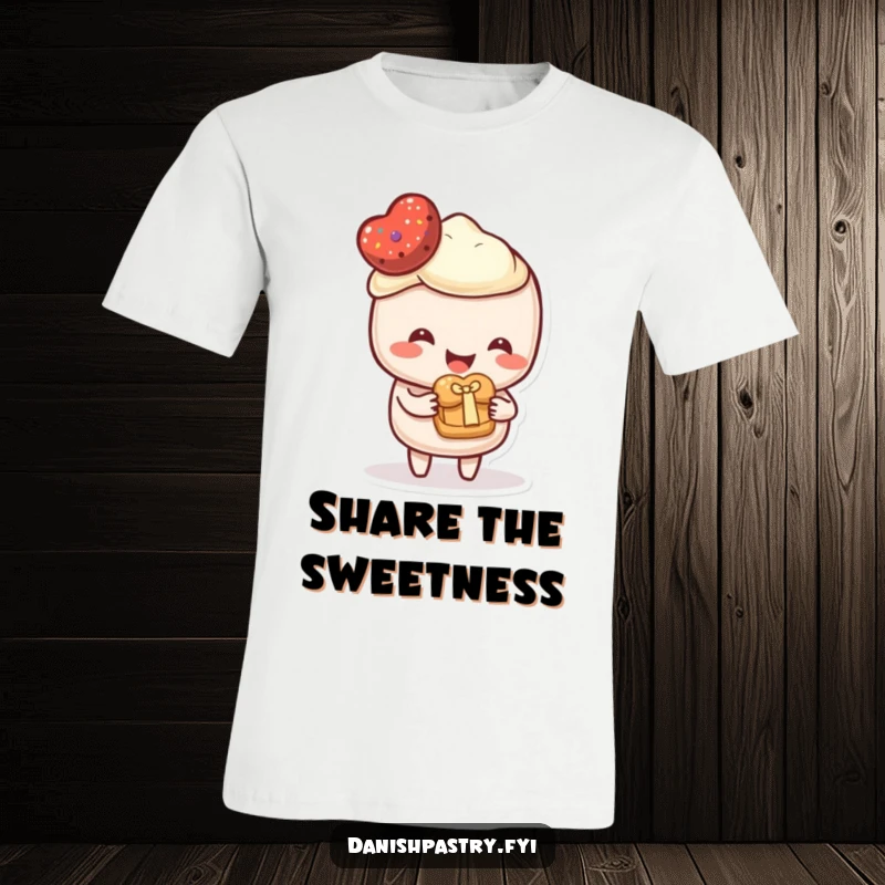 Funny T-Shirt depicting a happy pastry character extending a tiny pastry as a thoughtful gift. A heartwarming and humorous graphic.