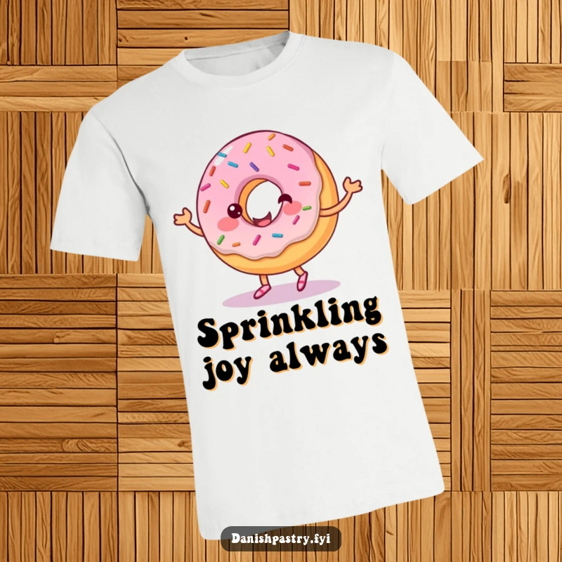 Funny t-shirt with a happy donut decorated with sprinkles, dancing with a swirl of frosting. Whimsical and sweet character graphic.