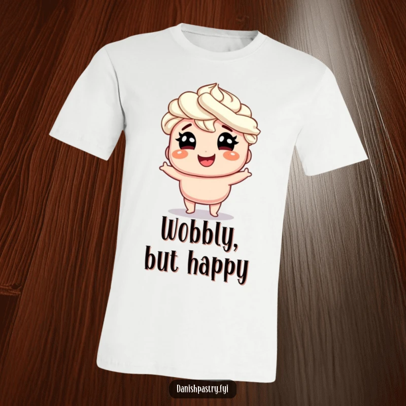 Funny smiling Danish with whipped cream hair doing a silly wobble with glee, a humorous and cheerful t-shirt for pastry enthusiasts.