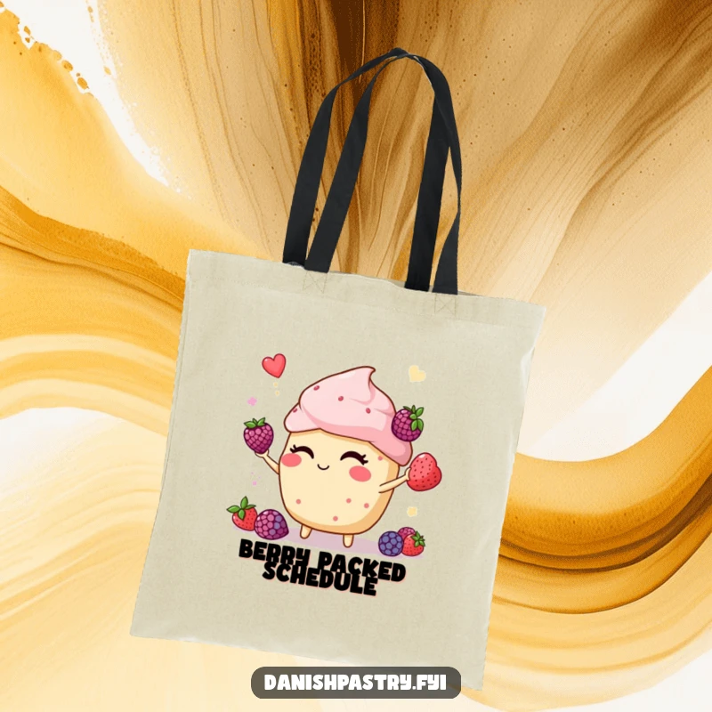 Funny muffin winking and juggling berries on a durable tote bag, ready for shopping and spreading smiles.