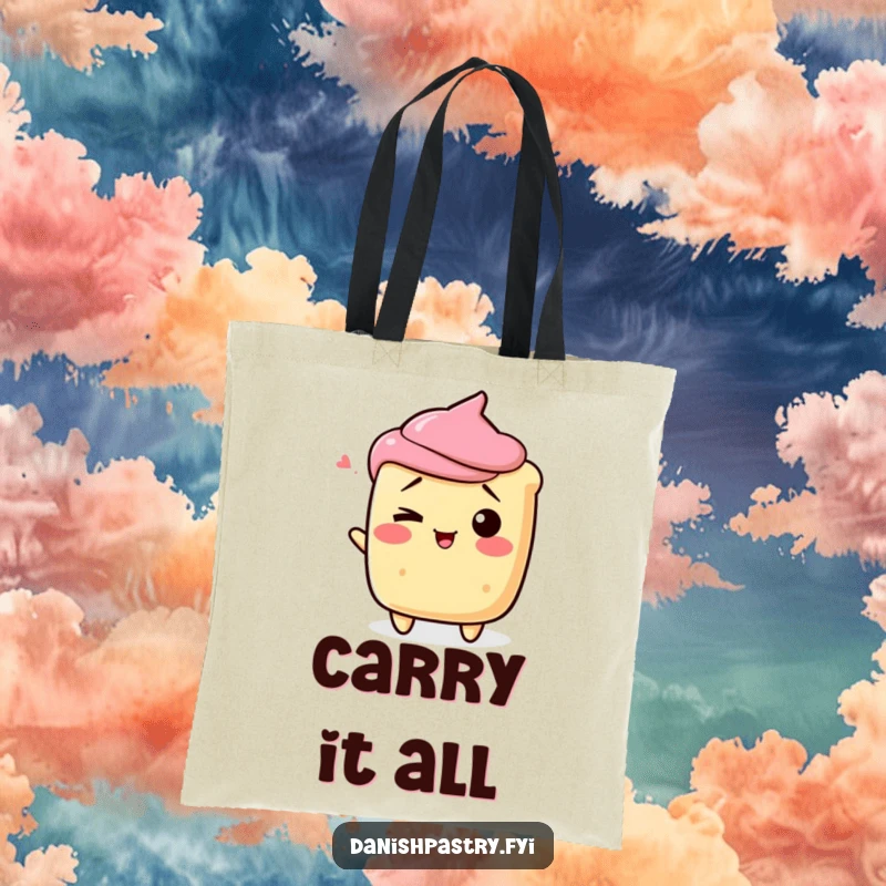 Funny scone character shrugging playfully with a wink, on a chic and funny dessert tote bag.