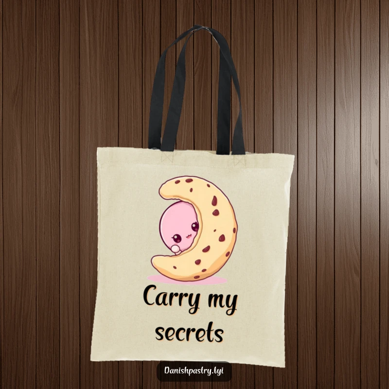 Funny macaroon character peeking from behind a large cookie, on a chic and funny dessert tote bag.