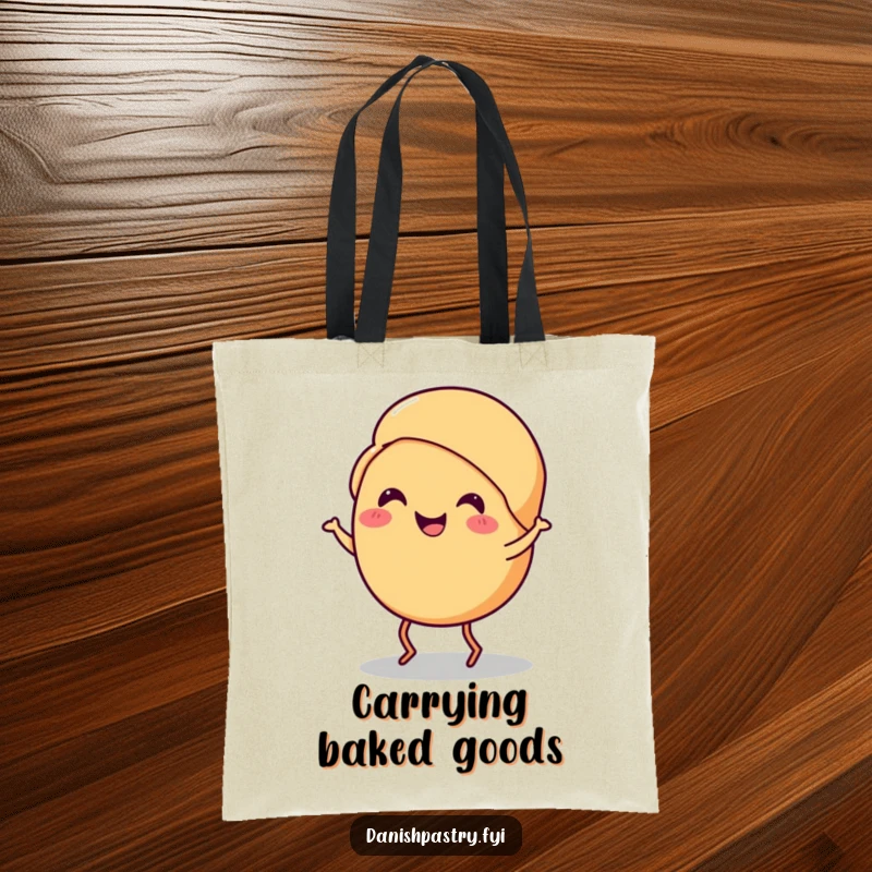 Funny croissant tote bag featuring a smiling croissant with tiny legs doing a cheerful jig, perfect for shopping and gift.