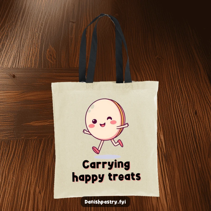 Funny tote bag with a smiling macaron character skipping happily, perfect for carrying essentials with a dose of sweet cheer.