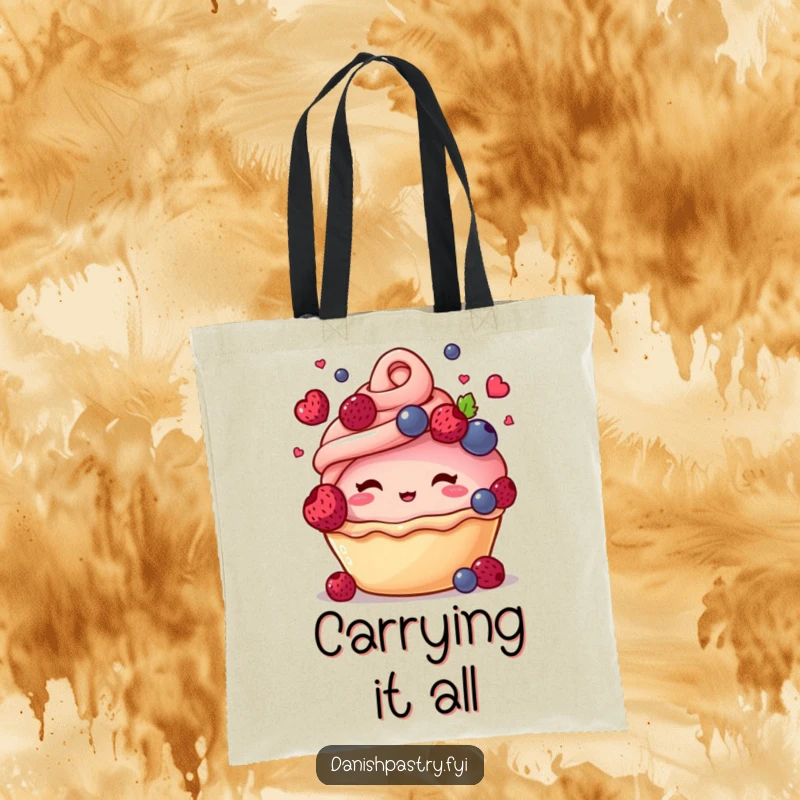 Funny tote bag featuring a blushing pastry character with a swirl top, expertly juggling tiny berries, adding charm and humor.