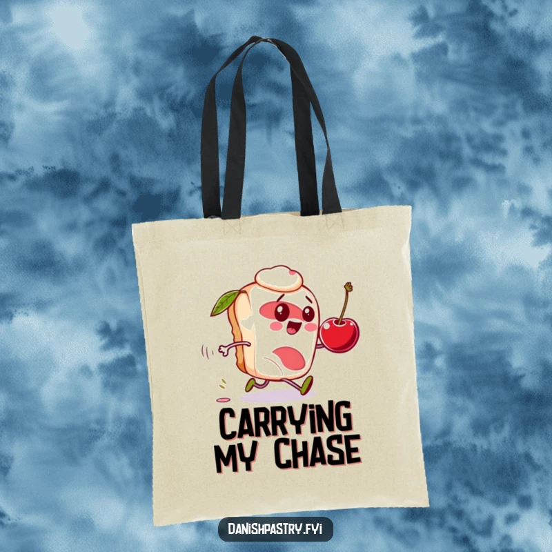 Funny Danish pastry tote bag, character comically chasing a rolling cherry, a practical and humorous accessory.