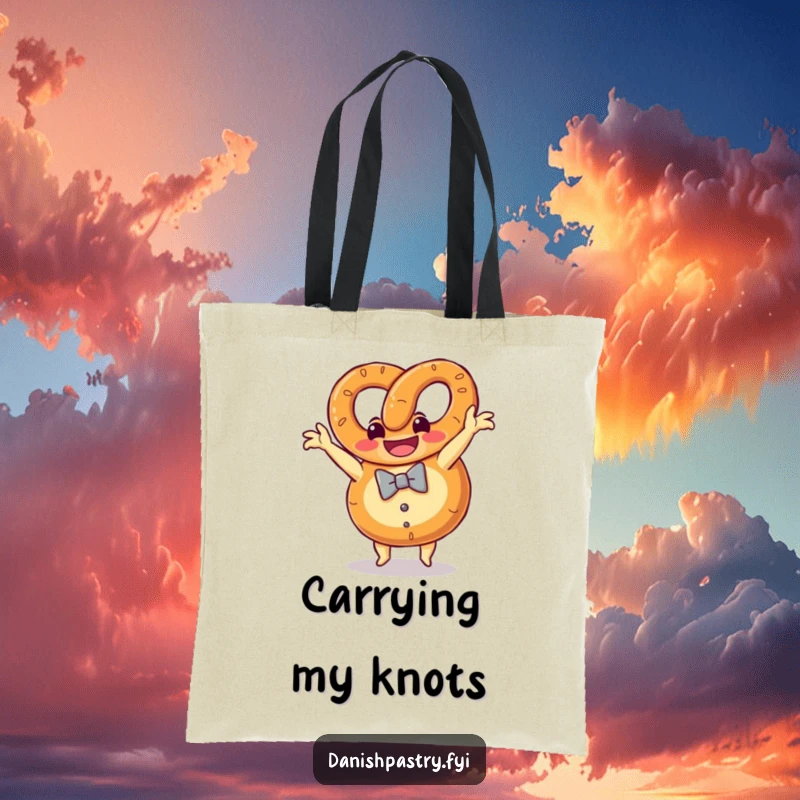Funny pretzel with a bow tie grinning doing a somersault, a whimsical and practical tote bag.