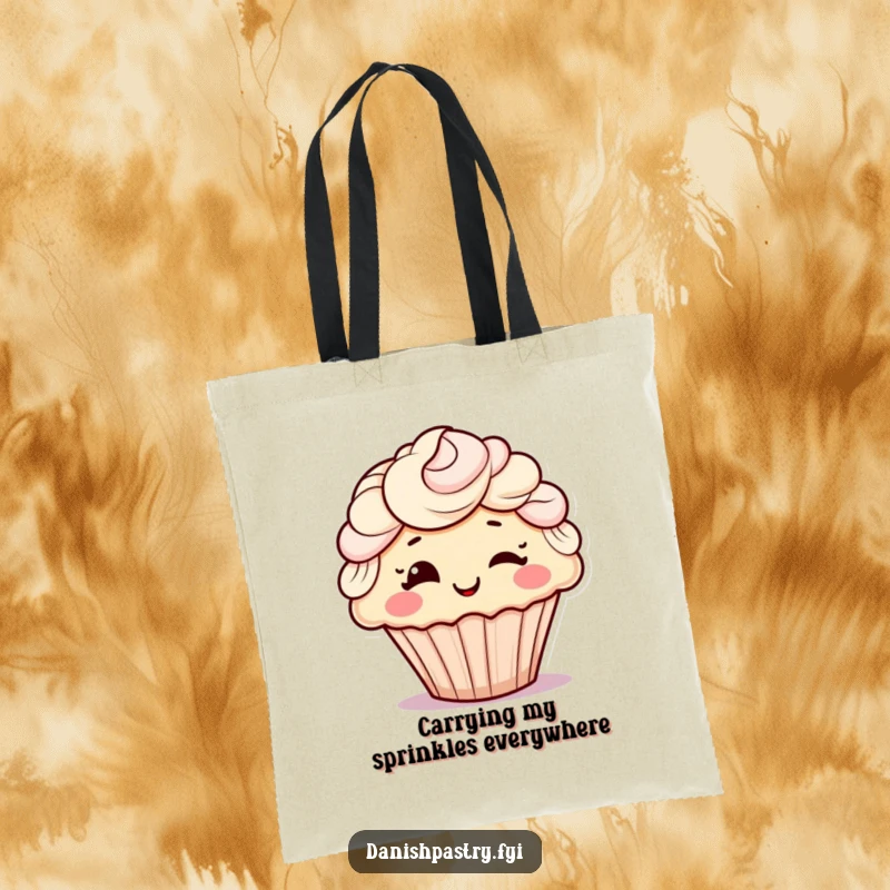 Funny tote bag with a cheerful cupcake character showcasing playful frosting hair and a winking expression, a humorous and practical item.