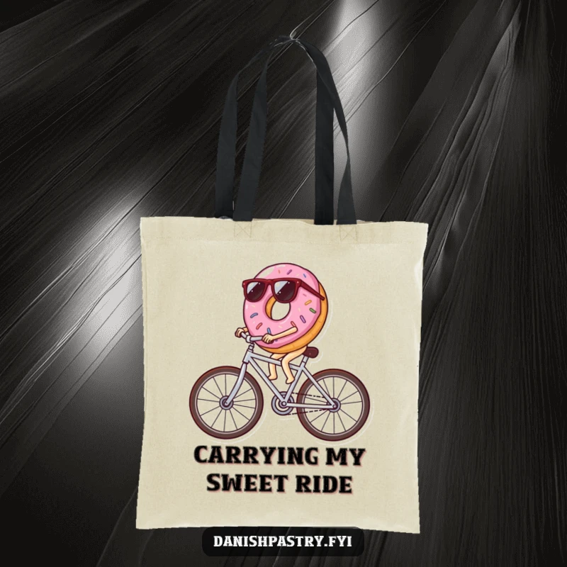 Funny donut wearing sunglasses riding a bicycle made of icing streaks, a stylish and humorous tote bag for carrying goodies.