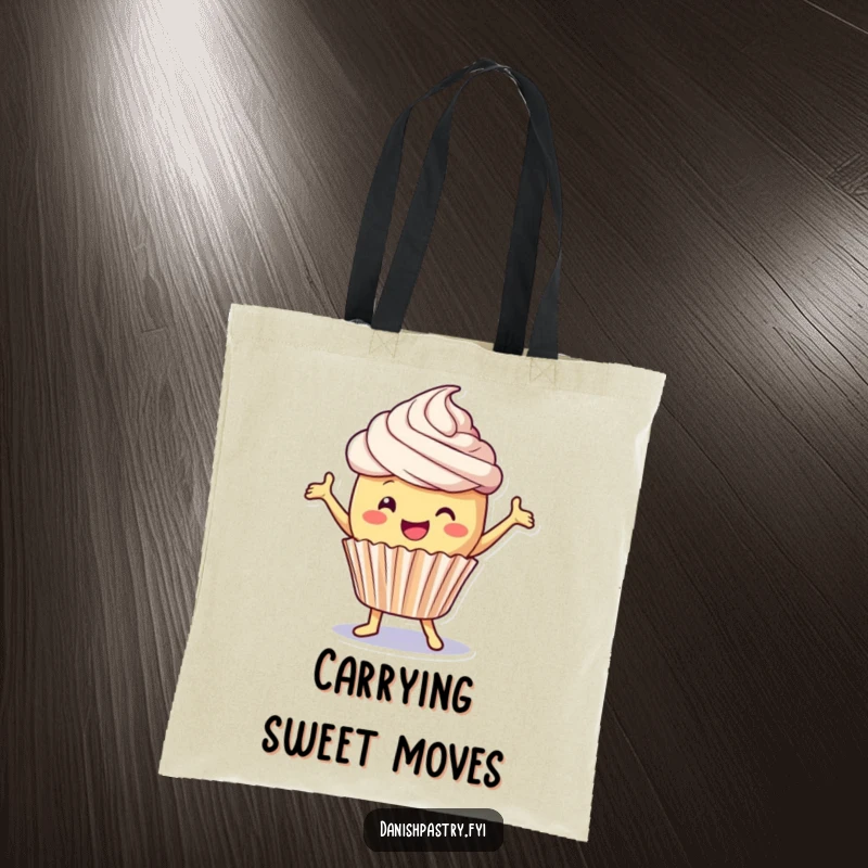 Funny Tote Bag: A delighted cupcake with frosting performs a playful dance, showcasing sweet joy and energetic fun.