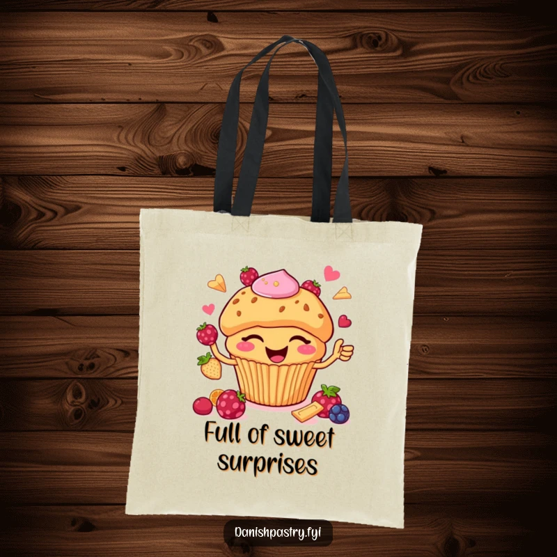 Funny Tote Bag: A happy muffin with chips winks while juggling berries, showcasing playful skill and sweet delight.