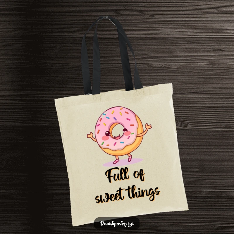 Funny tote bag featuring a dancing donut adorned with colorful sprinkles and a swirl of frosting. Cute and humorous pastry carrier.
