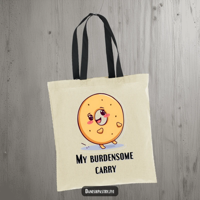 Funny bagel tote bag, a smiling character determinedly waddling uphill, a humorous and practical accessory for the persistent.
