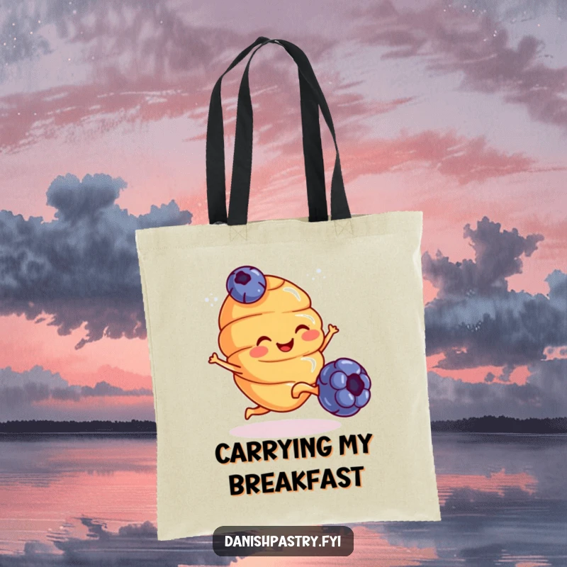 Funny Tote Bag: A smiling croissant with tiny legs kicks a blueberry in a display of breakfast-themed, energetic humor.