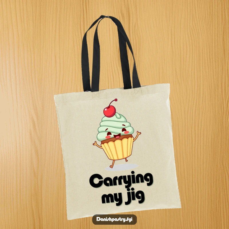 Funny tote bag featuring a gleeful cupcake with a cherry topping, doing a little dance. Cute and humorous dessert carrier.