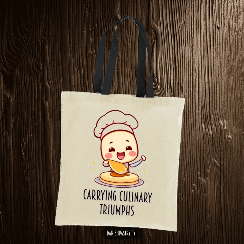 Funny Danish Pastry Chef Tote Bag featuring a character flipping a pancake, perfect for carrying essentials with a humorous touch.