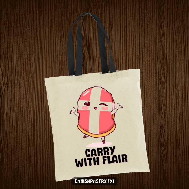 Funny Danish Flag Pastry Pirouette Tote Bag with a winking pastry doing a pirouette, perfect for humorous shopping.