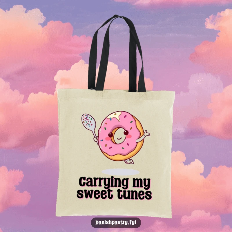 Funny tote bag with a smiling donut character dancing with a sprinkle-covered spoon, perfect for carrying items with joy.