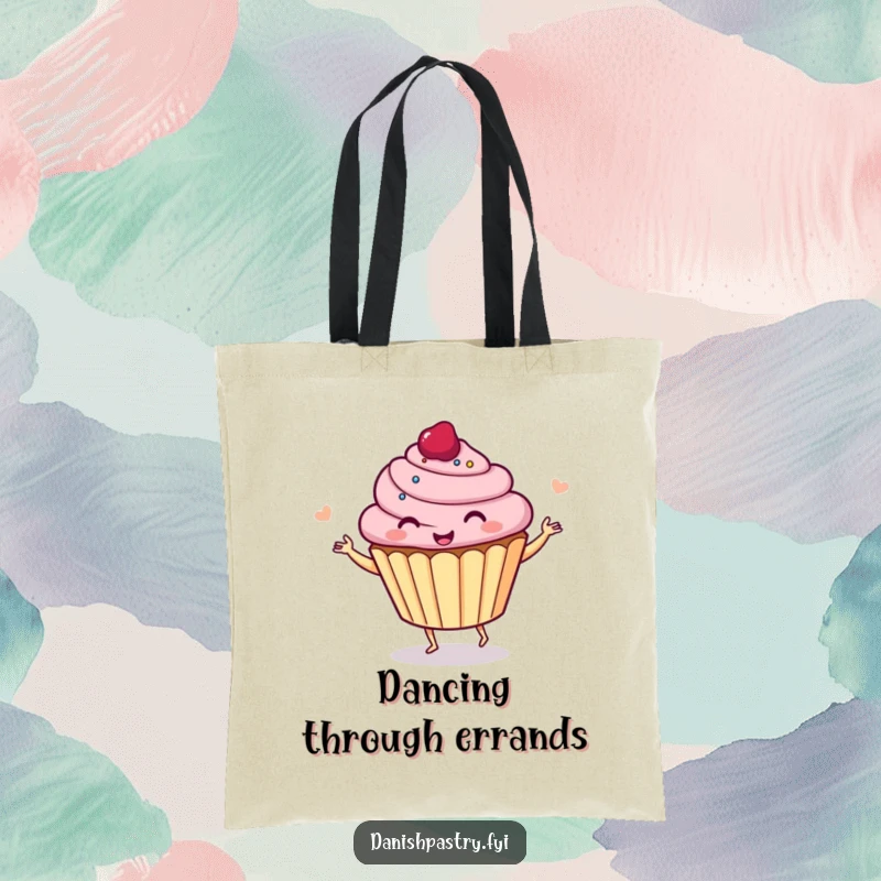 Funny cupcake in a cheerful dancing pose on a durable tote bag, ready for shopping and spreading smiles.