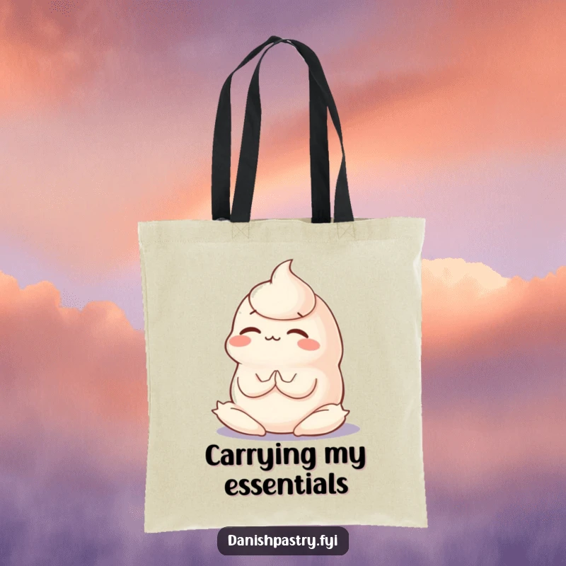 Funny tote bag showcasing a wobbly panna cotta doing a silly yoga pose with concentration, perfect for carrying necessities.