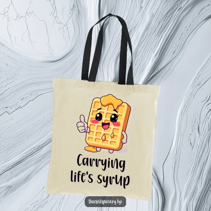 Funny Waffle Tote Bag featuring a syrup-dripping character giving a thumbs-up, ideal for stylish and humorous carrying.