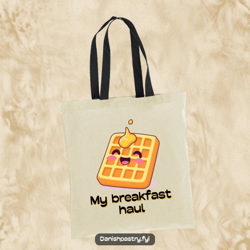 Funny waffle tote bag featuring a delighted character grinning upside down with syrup, embodying delicious breakfast fun.