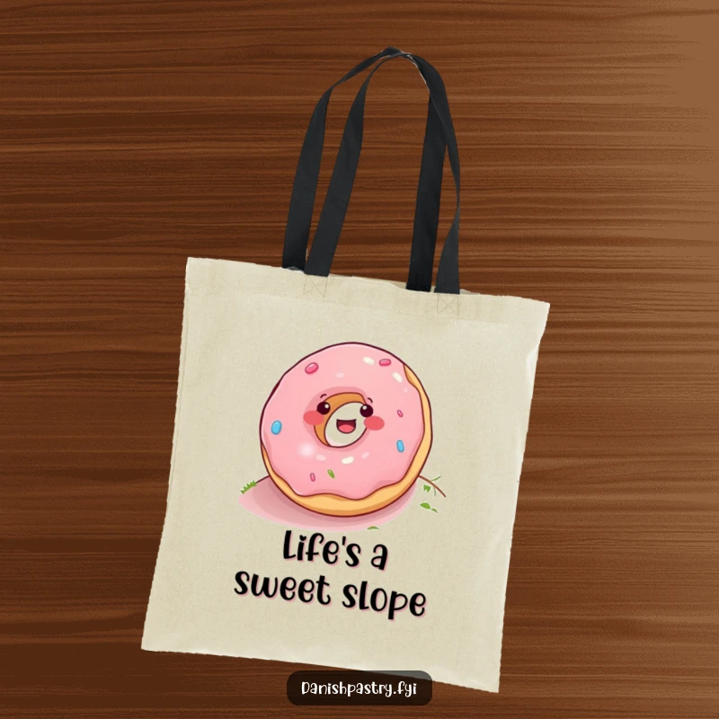 Funny donut in mid-roll down a hill, printed on a durable tote bag, designed for cheerful everyday use and gifting.