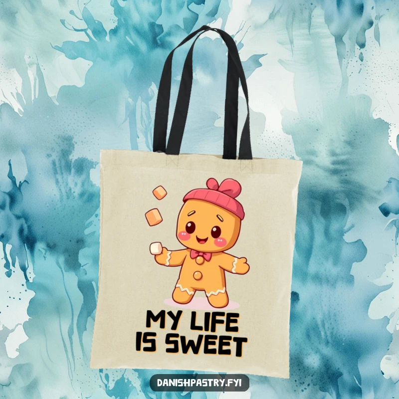 Funny cheerful gingerbread man character juggling sugar cubes on a tote bag, adding sweetness to errands.