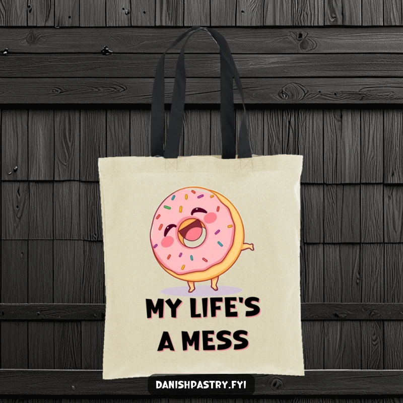 Funny tote bag depicting a laughing donut with scattered sprinkles, dynamically doing a somersault, a humorous and practical carrier.